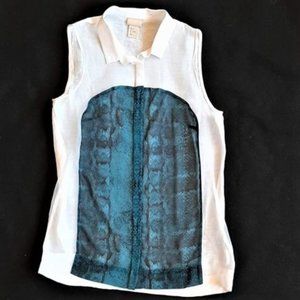 Gorgeous white button-up w/teal snakeskin panel